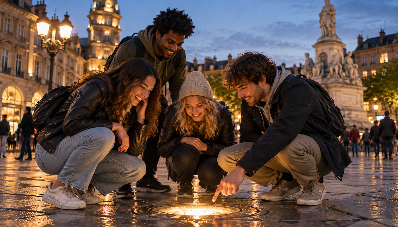 Friends crouch around a mysterious glowing light set into a cobblestone square at dusk
