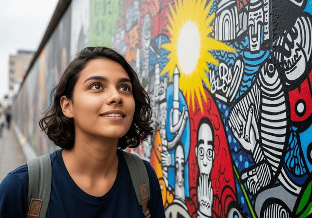 A young woman with a backpack smiles up at a giant colourful street mural