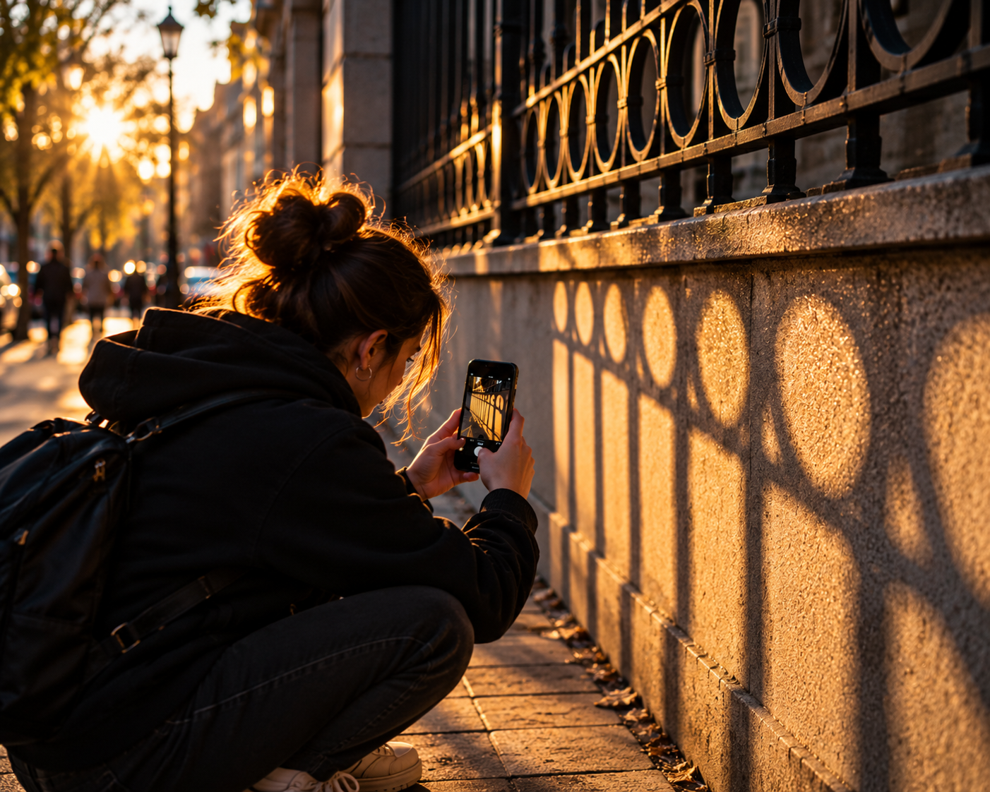 A woman crouches on a sunlit sidewalk to photograph golden light patterns cast through an iron railing
